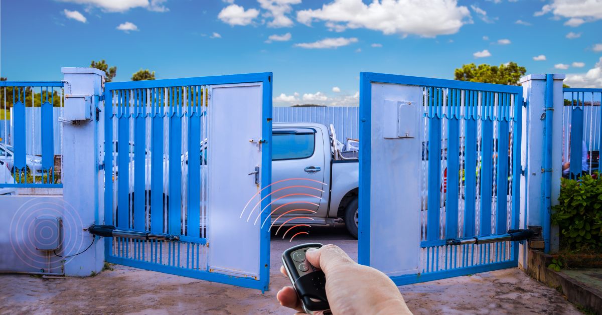 property security Cape Town - a person holding a gate remote signalling the gate motor to open the electric gate
