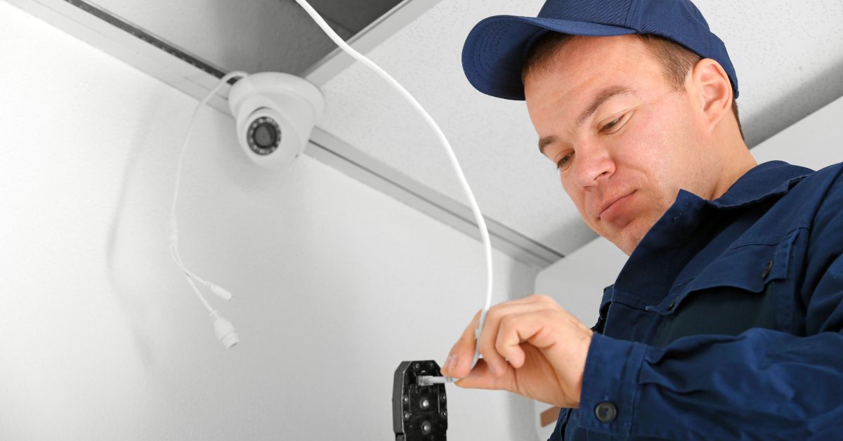 Technician working on cabling for a CCTV camera