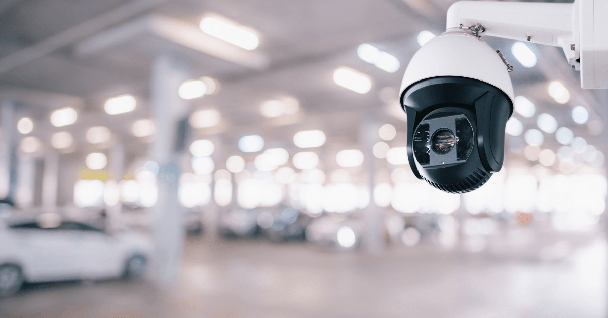 PTZ security camera installed in a commercial parking area 