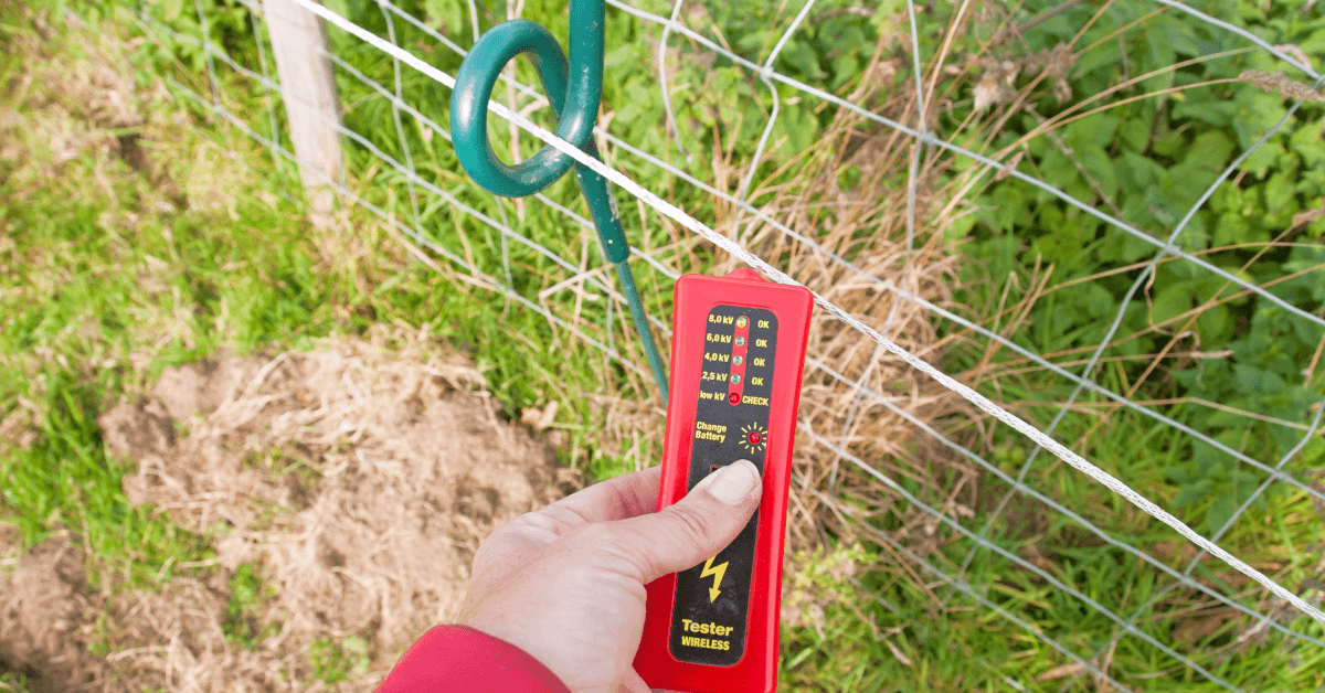 Electric technician using a voltage tester on an electric fence